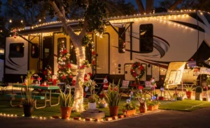 Holiday lights at an RV site at Campland on the Bay
